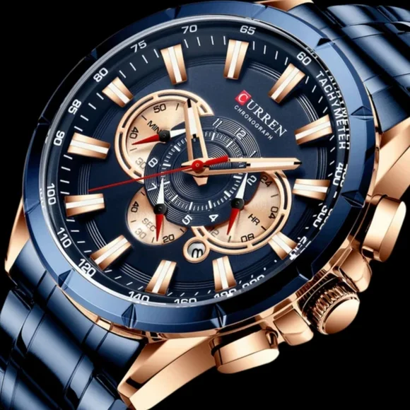 New Style Blue & Rose Gold Waterproof Chronograph Wristwatch Sports Watch - Picture 4 of 5